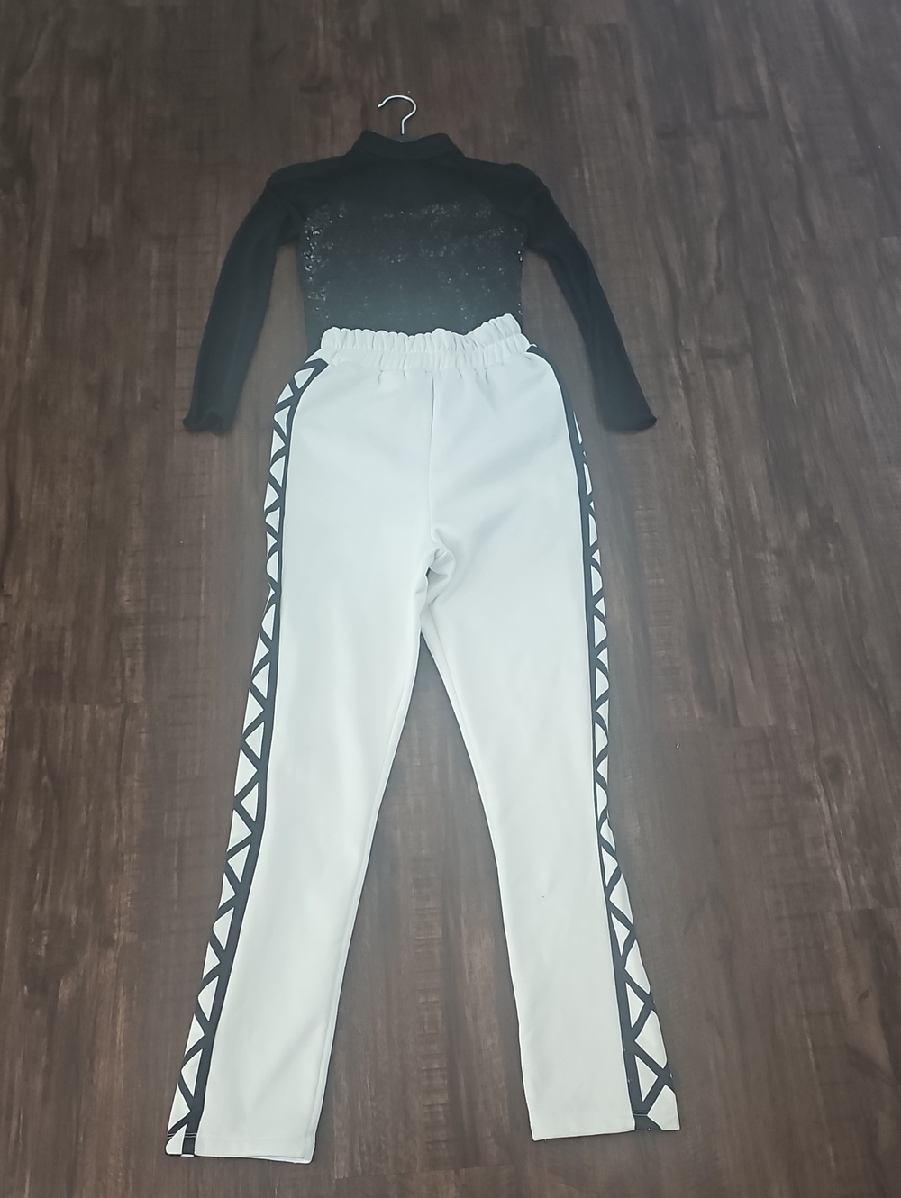 Revolution White Dance Pants with Black Geometric Side Trim and Black Sequin Leo